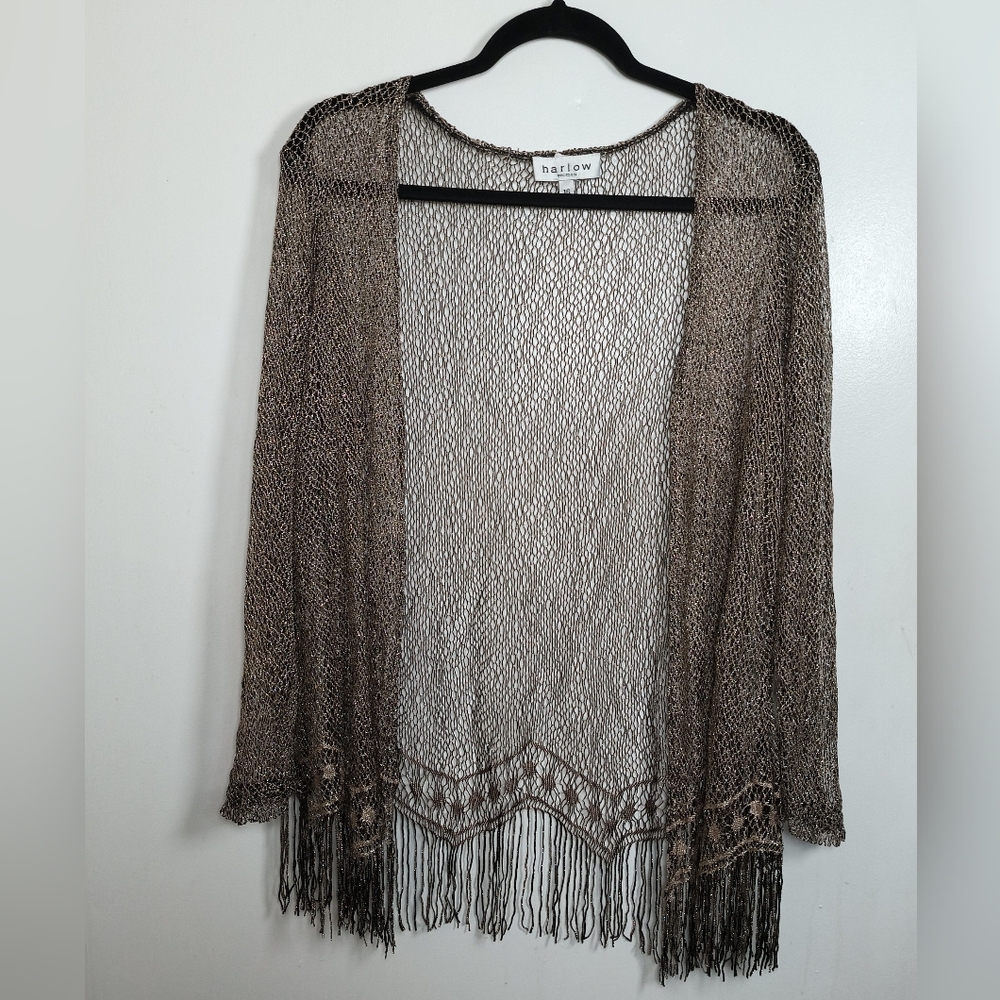 Harlow Women Brown Metallic Thread Open-Knit Cardigan Chevron Fringe Hem Size 16